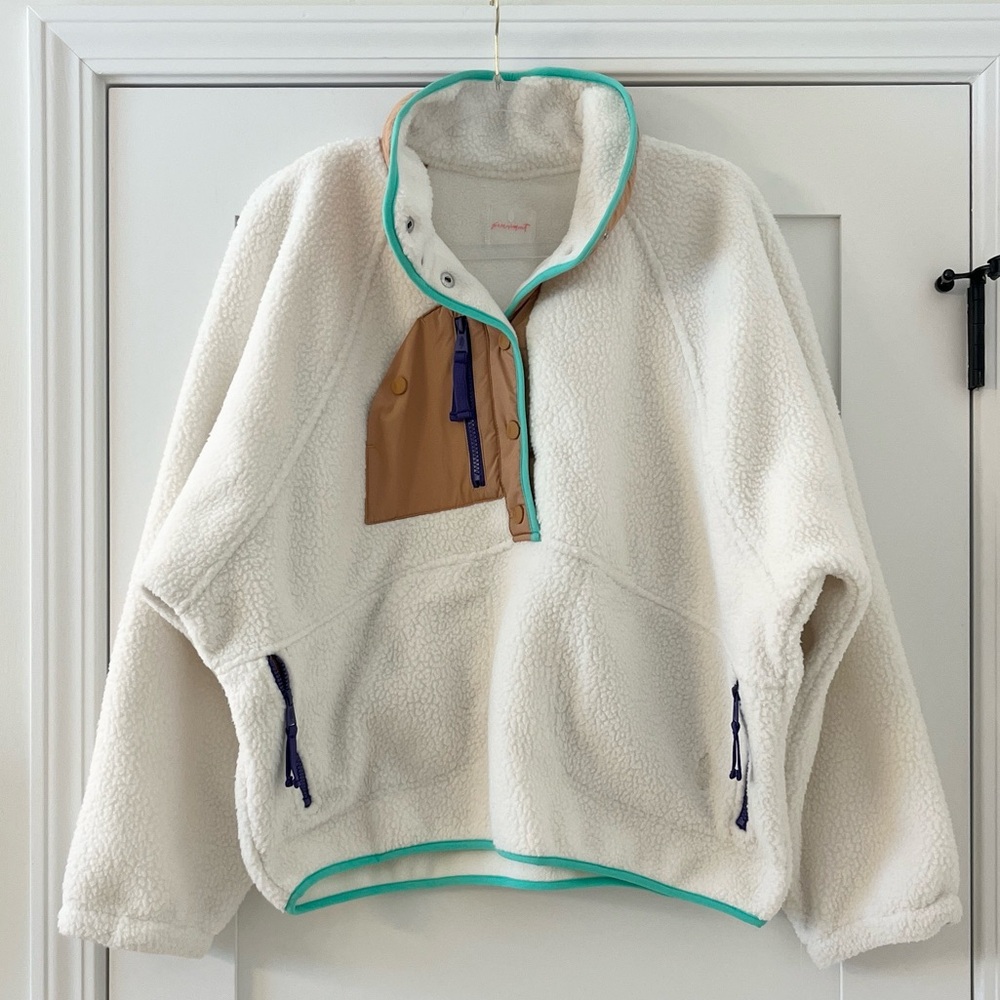 FP Movement by Free People Ivory Sherpa Pullover with Tan & Aqua Trim - Picture 2 of 8